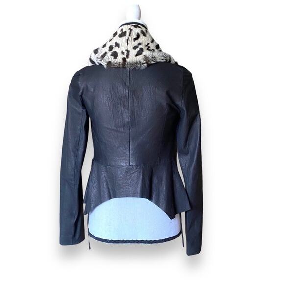 Y2k illia Cropped Black Leather Jacket Leopard Print Rabbit Fur Collar Sz 4/XS - Picture 6 of 12
